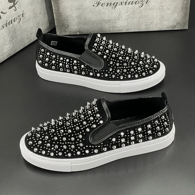 

mens fashion punk rock dress rivets shoes slip-on driving studded shoe flats spikes loafers brand designer personality footwear