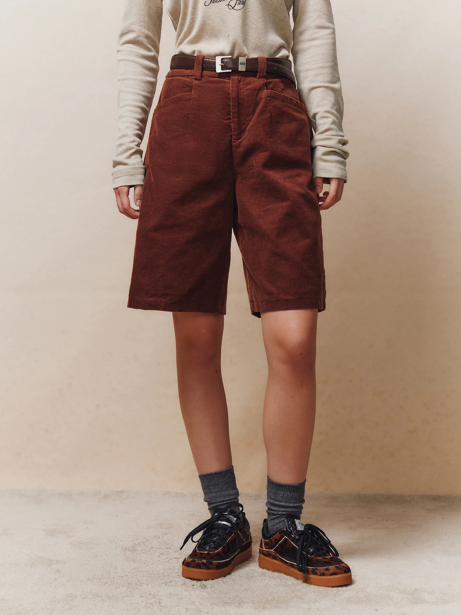 Retro Corduroy Bermuda Shorts mid High Waist Straight Leg Loose Casual Five-Point Pants Women's Cotton Non-Shrinkable