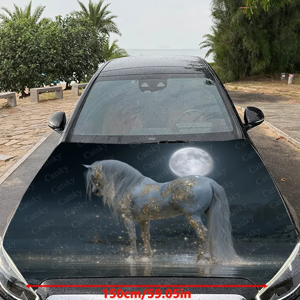 White Horse Under The Moonlight Hood Decal - Vibrant Car Vinyl Wrap For Engine Protection, Ideal Gift For Car Enthusiasts