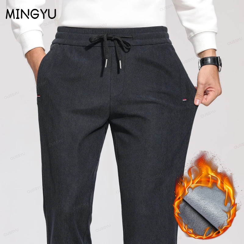 Winter Fleece Warm Corduroy Pants Men Business Elastic Waist Thick Classic Outdoors Jogging Straight Casual Trousers Male Gift