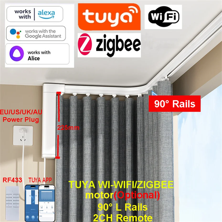 

Customizable Electric Curtain Track 90 Degree Rod Cornice Rails Kit,Tuya WiFi/Zigbee mini Curtain Motor Support Google Alexa