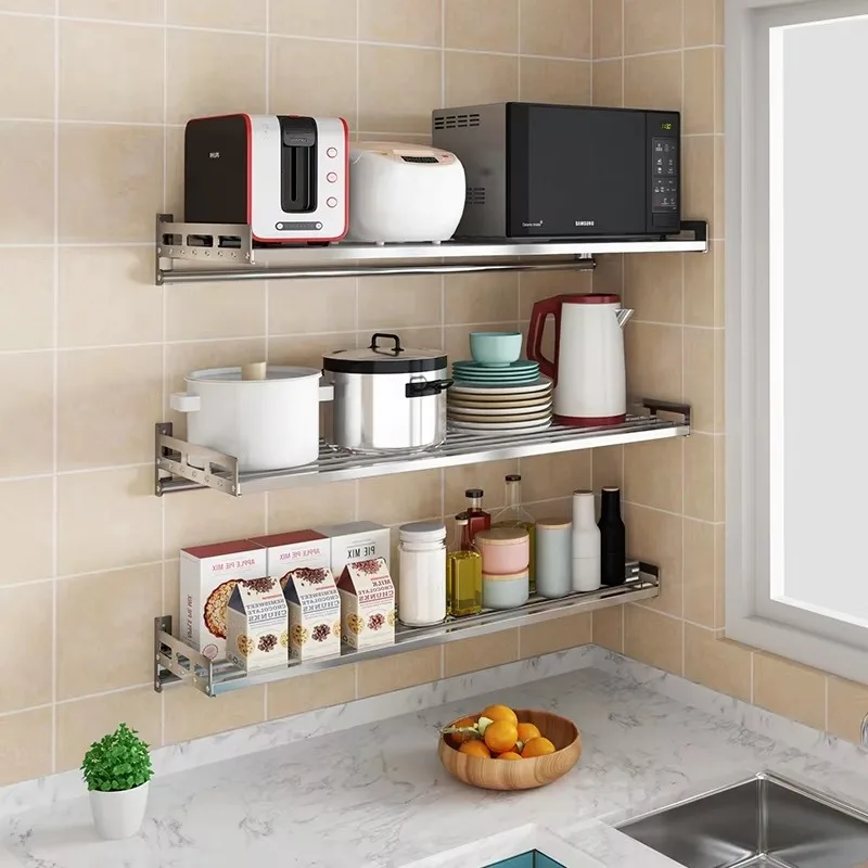 Kitchen 304 Stainless Steel Wall Mounted Shelf Microwave Pot Storage Rack Bathroom Shower Rack and Tissue Rack with Hook