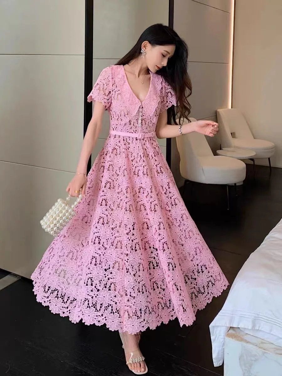 Vestido largo Midi de manga corta con cuentas para mujer, Vestido de fiesta de encaje rosa, cuello Peter Pan, bordado de flores, diseñador de vacaciones de verano