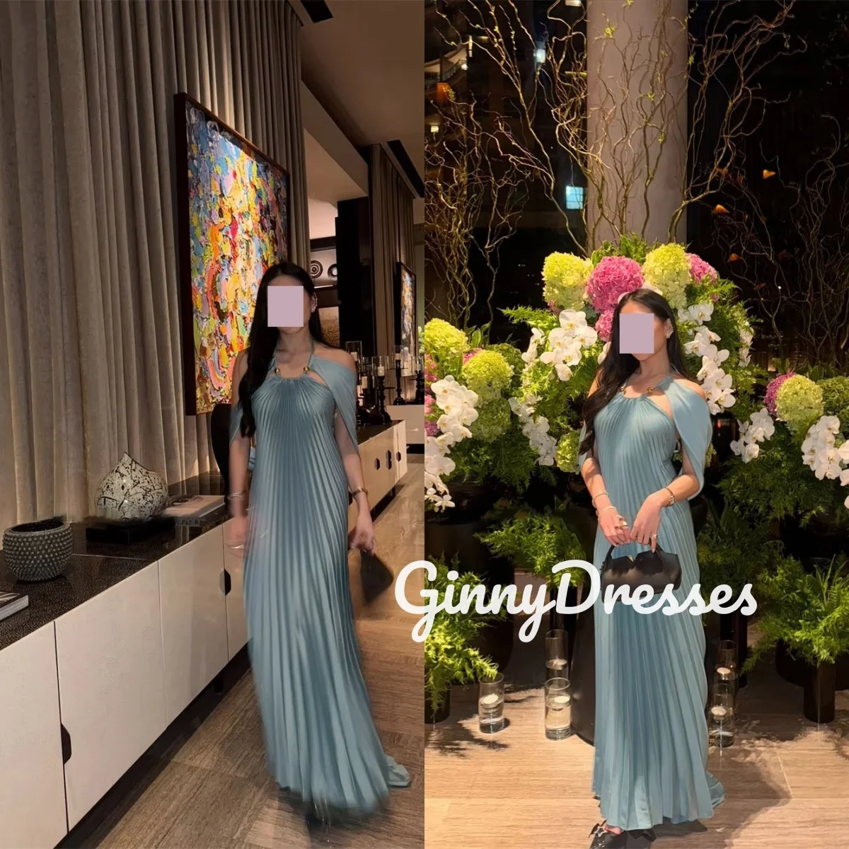 ドバイ高級イブニングドレス カスタマイズ可能なコラム型ホルタードレス プロム用 キャップストラップ付き フリル付き フロア丈フォーマルドレス