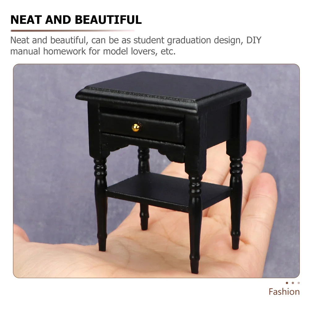 Mini Bedside Table House Ornament Miniature Furniture Wooden Cabinet Craft Model Drawer Decor Black Nightstand