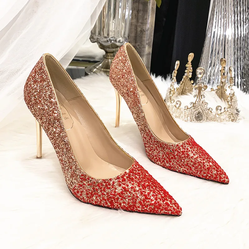 Wedding Shoes Women High Heels Pointed Toe Stiletto Heels Gold Crystal Slipper Dress Red Bridesmaid Bridal Shoes