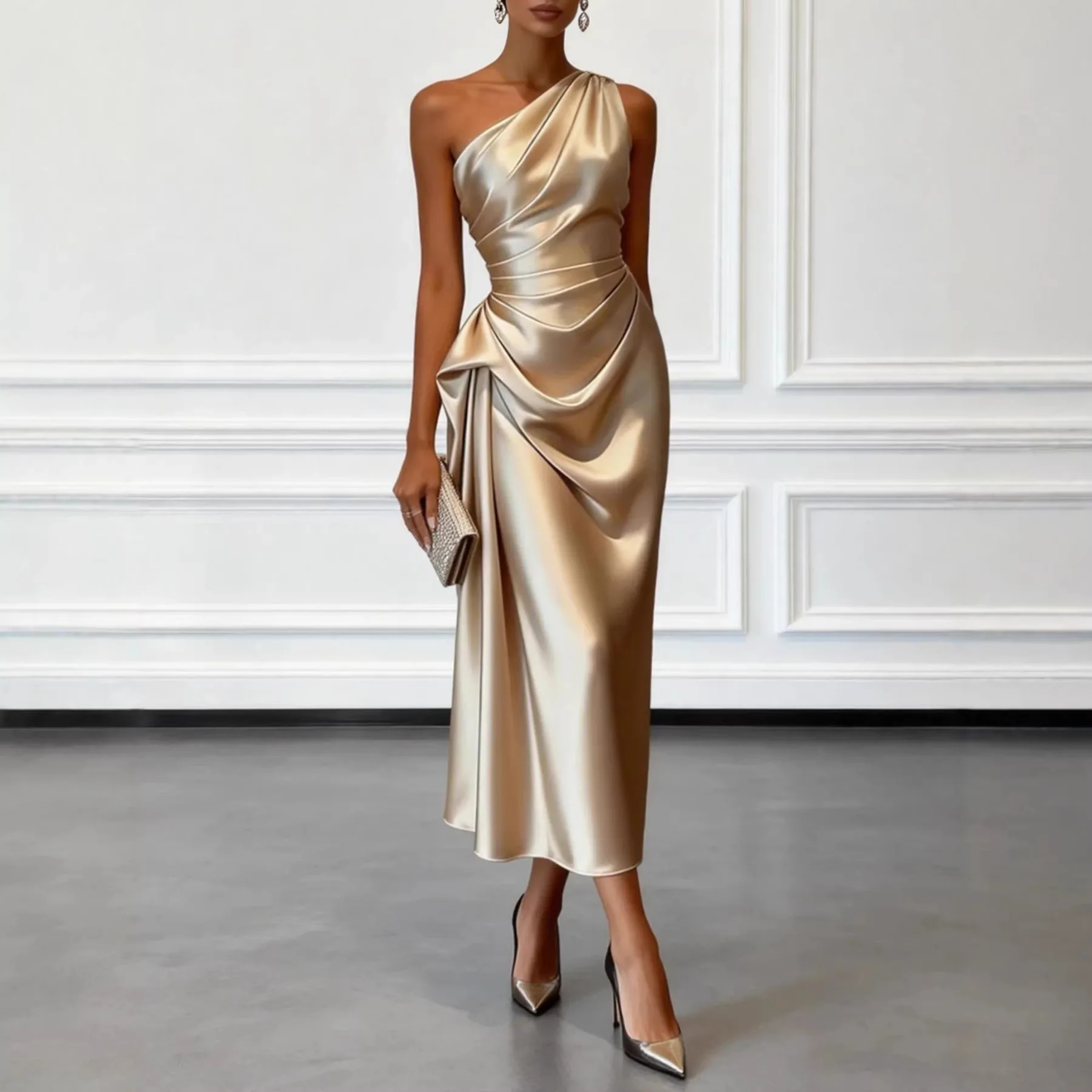Women Slanted Neck Draped Summer Long Dress Simple Solid Sleeveless Commuting A-line Dresses Satin Asymmetric Slim Evening Dress