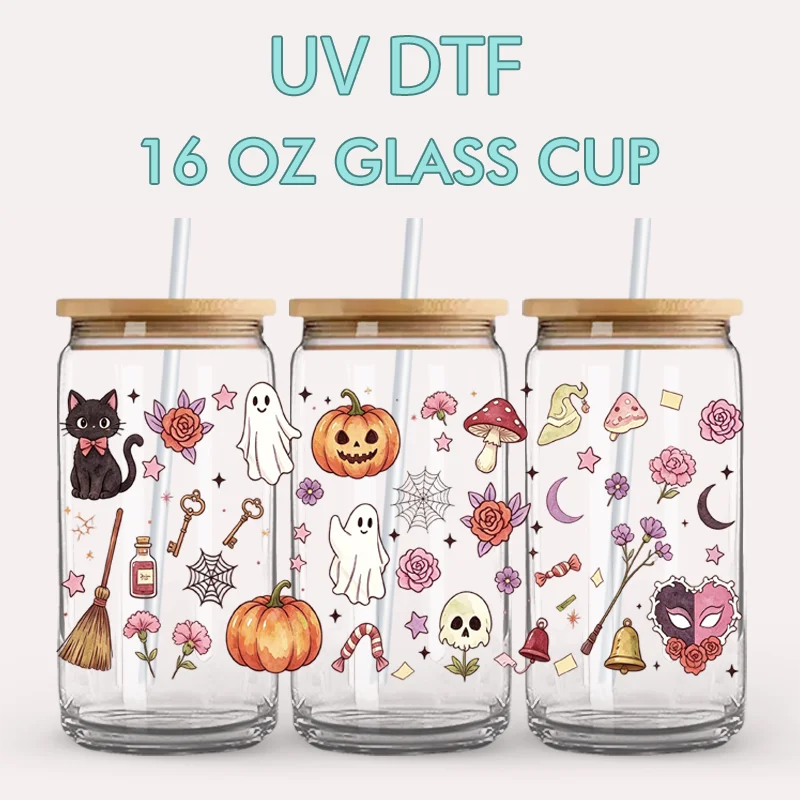UV DTF Stickers - 4 Sheets Halloween Witch Pumpkin UV DTF Cup Wraps for Glass Cups DIY Waterproof Scratch Resistant