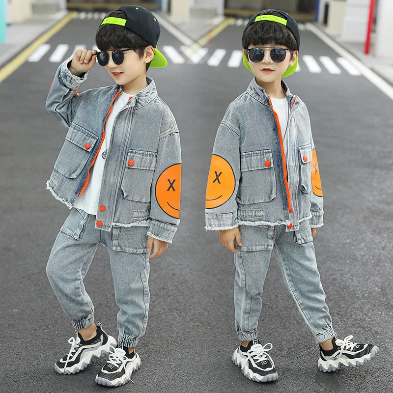 Children\'s Denim Suit 5-12 Years Old Boy Spring And Autumn Cartoon 2-Piece Set Of Smiley Pattern Jacket + Trousers