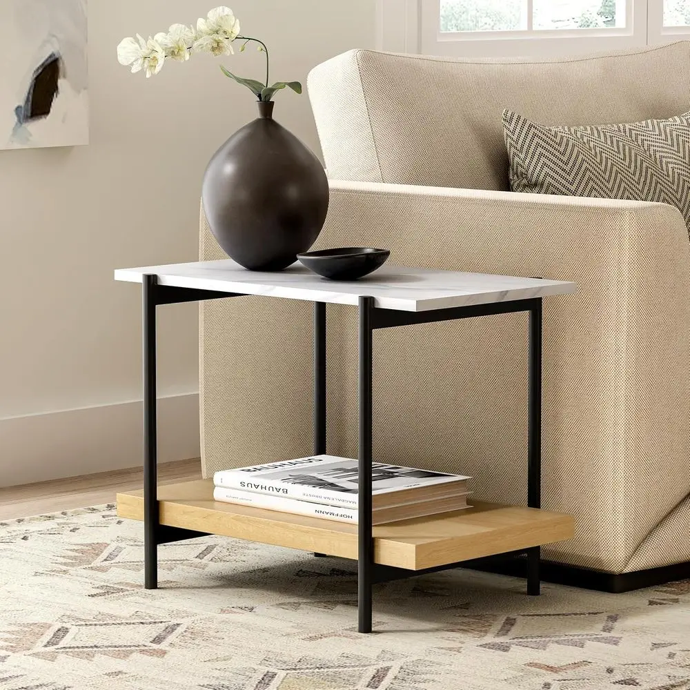 

2-Tier Metal End Table with Marble Top, Storage Shelves for Bedroom or Living Room, Natural Oak Finish