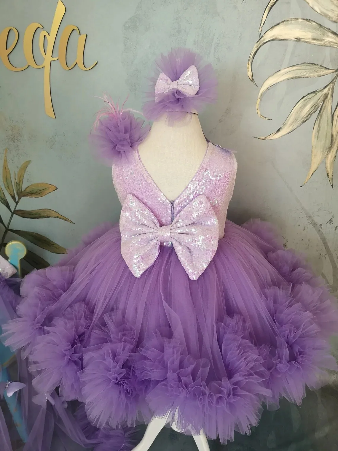 Glitter Purple Flower Girl Dress Sequins Feathers Sleeveless Puffy Applique Elegant Child First Eucharistic Birthday Party Dress