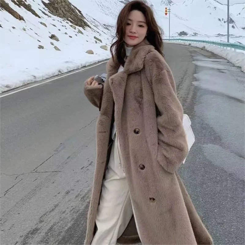 

Long coat women's suit collar fur mixed overcoat