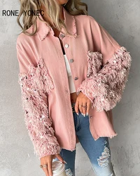 Women Chic Tassels Sequins Patch Long Sleeves Straight Loose Fit Shirt Jacket Tops