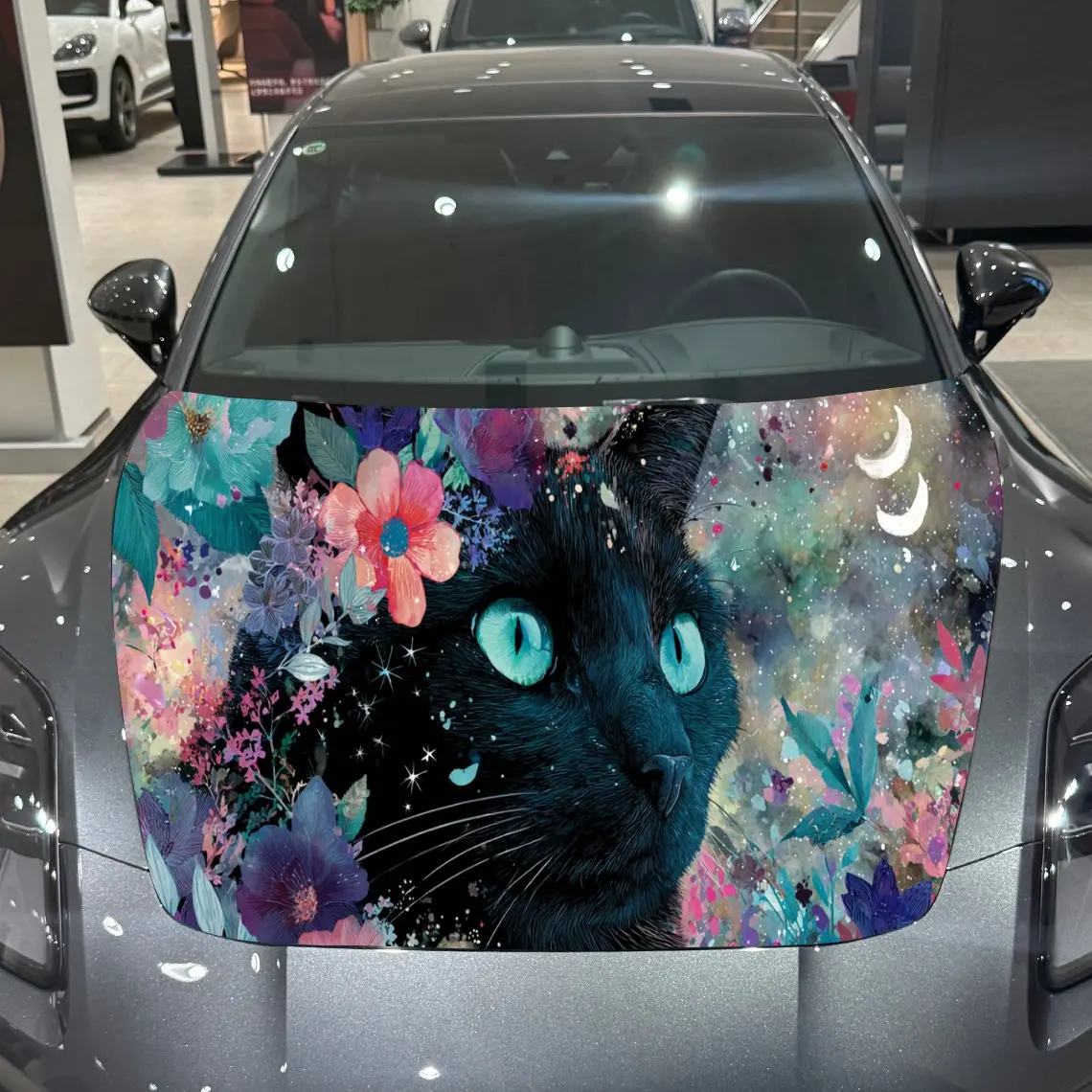 

Floral Starry Sky Black Cat Car Hood Vinyl Stickers Car Surface Protection Decal Car Decoration Cover Vinyl Wraps Waterproof Sel