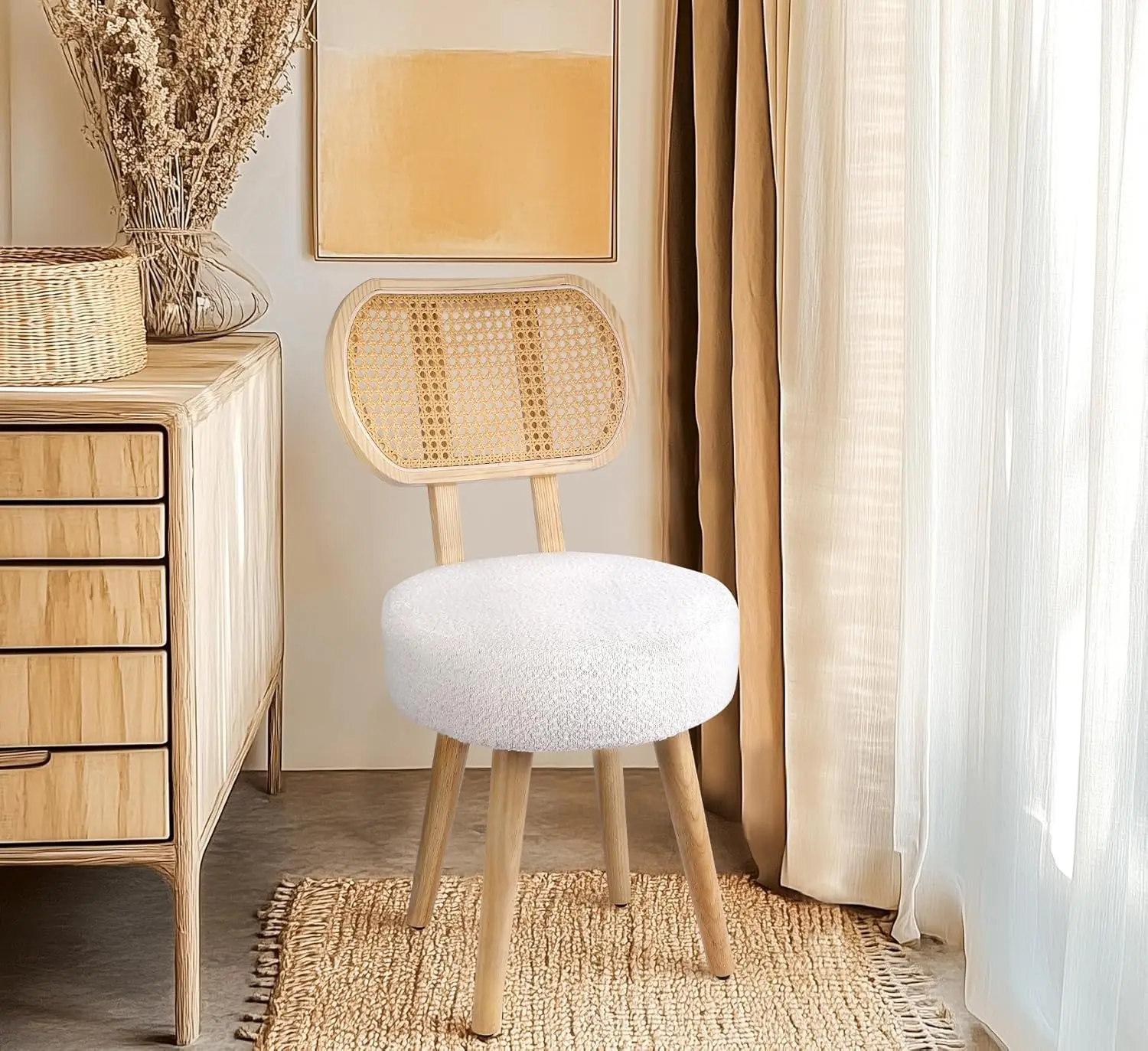 Modern Rattan Dining Chair with Boucle Seat, Versatile Accent Chair for Living Room, Kitchen, or Office