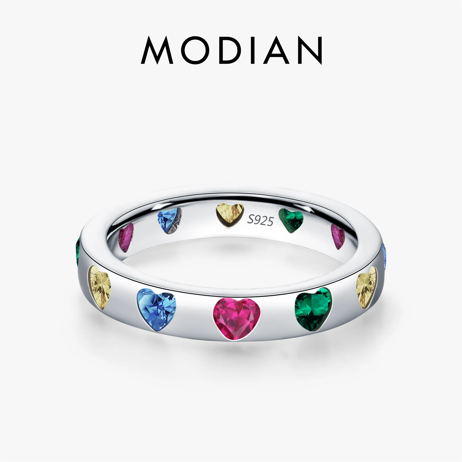 MODIAN 925 Sterling Silver Sweet Romantic Colorful Zircon Heart Stackable Eternity Band Trendy Rings For Women Fine Jewelry
