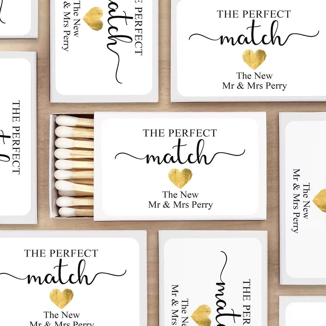 

Wedding Favor Matches, "The Perfect Match" Personalized Matches, Personalized Matchboxes, Gold Heart Wedding -Set of 50