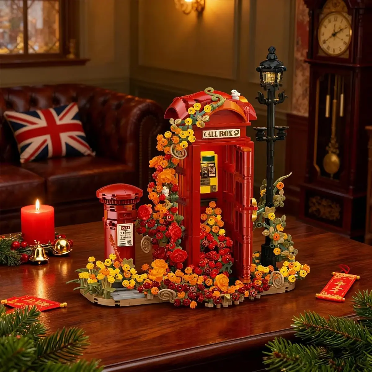 

1142pcs London Retro Red Telephone Booth Architecture Set with LED Lighting, Creative Flores Adult Collector Decor