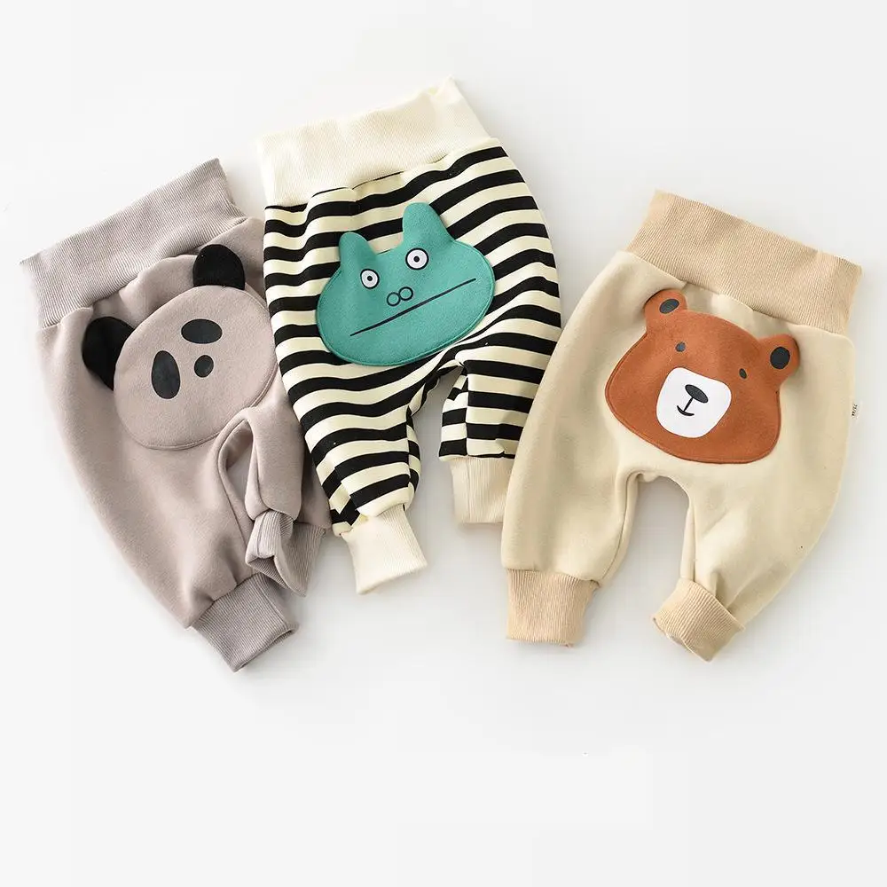 

2025 Autumn Winter New Baby Cute Cartoon Bear Pp Pants Boys Girls High Waist Thick Trousers Infant Striped Pants Toddler Clothes