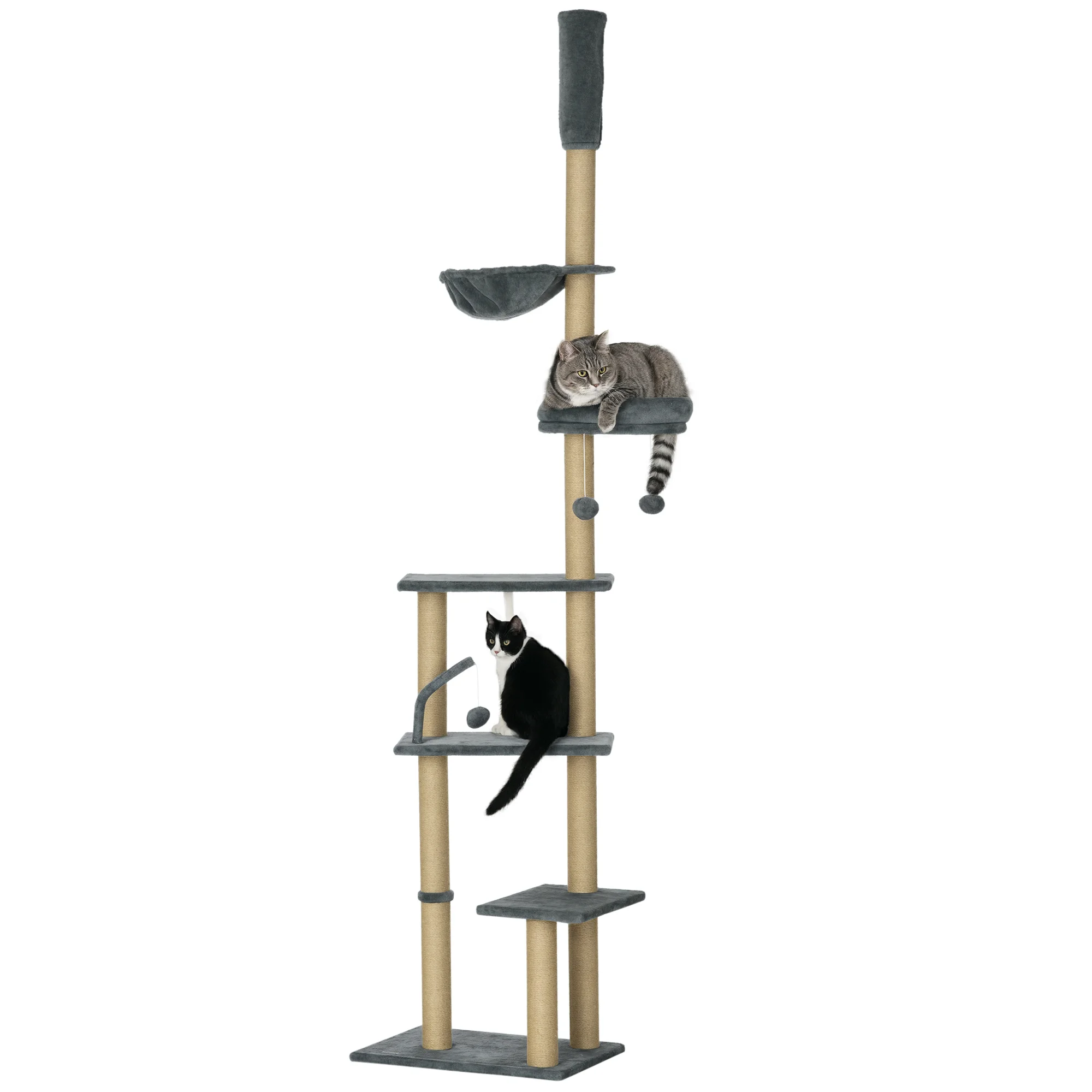 PawHut Árbol para Gatos de Suelo a Techo de 230-250 cm con Altura Ajustable Múltiples Plataformas Cestos Hamaca Bolas