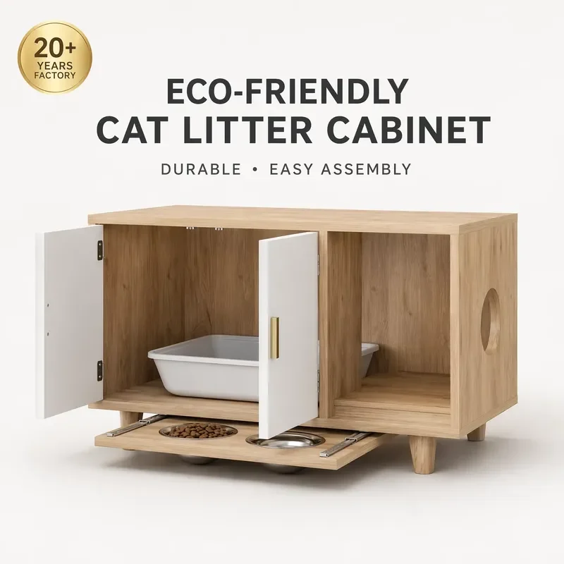 for Wooden Pet Cabinet Indoor Cat Dog Bed Furniture with Feeder Station Modern End Table Sideboard for Small Pets House with