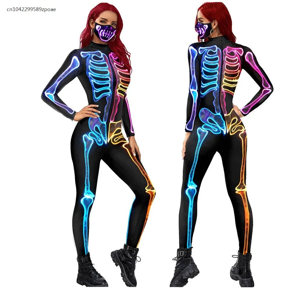 Disfraces de Cosplay de Halloween para mujer, bodys con estampado 3D de esqueleto fluorescente, mono elástico Delgado Sexy, Catsuit de manga larga 2024