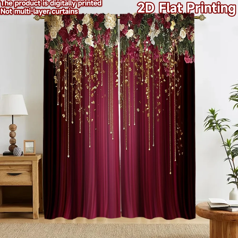 2D flat 2pcs Curtain Home Short Curtains Burgundy Floral Gold Garlands Durable polyester fiber Festive Curtains Perfect for