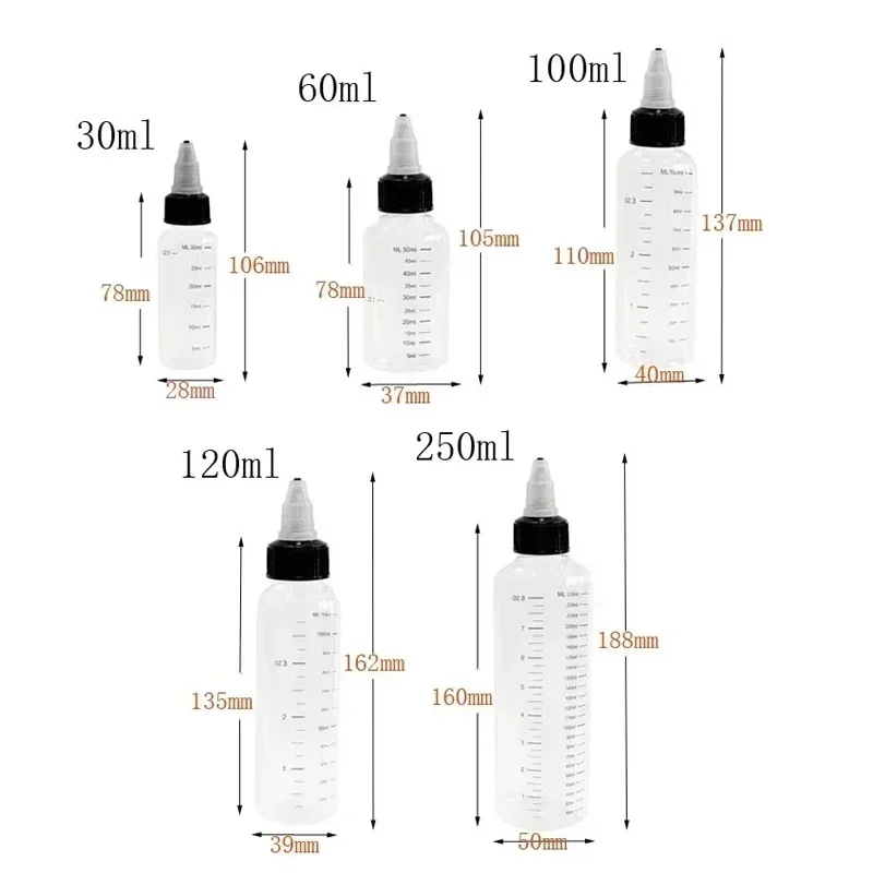 30 pces 30ml-250ml garrafa de aperto de plástico transparente com escala & tampa de torção garrafas de distribuição recipientes recarregáveis vazios para pintura de tinta