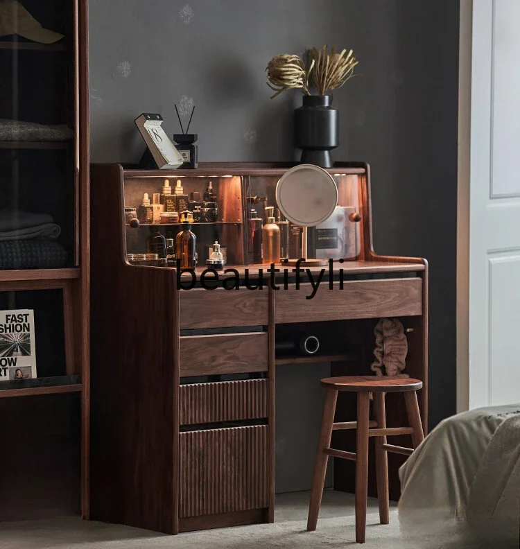 

North American Black Walnut Dresser Bedroom Modern Simple Makeup Cabinet Desk Solid Wood Makeup Table with Light