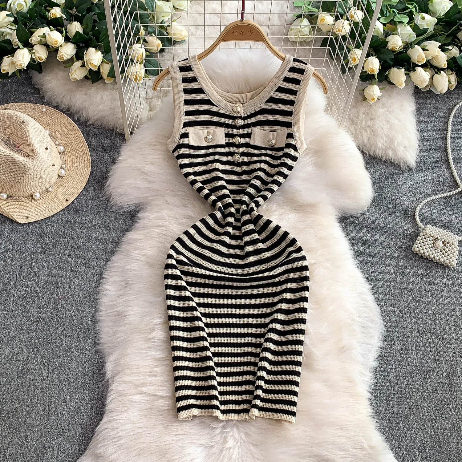 New Summer Women O-neck Sleeveless Knitted Dress Metal Button Double Pokets Striped Elastic Slim Vest Dress Office Lady Outfits