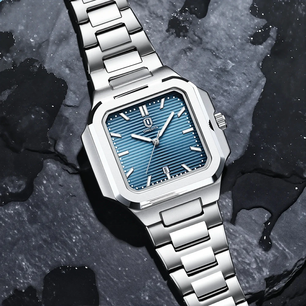 QINGXIYA العلامة التجارية مربع موضة رجل ساعة اليد مقاوم للماء مضيئة تاريخ كوارتز ساعات رجالي الفولاذ المقاوم للصدأ ساعة رجالية فاخرة Reloj