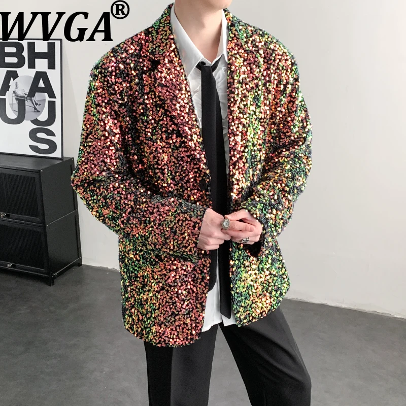 

WVGA 2026 Spring New Men Tide Outfit Shiny Sequin Trendy Turn-Down Collar Jacket Niche Chic Casual Long Sleeve Balzer Ins W19621