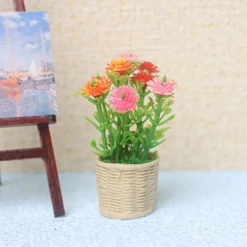 1:12 Scale Dollhouse Mini Potted Plants, Simulated Daisy, Mint and Tree Flower Models, Mini Greenery Ornaments