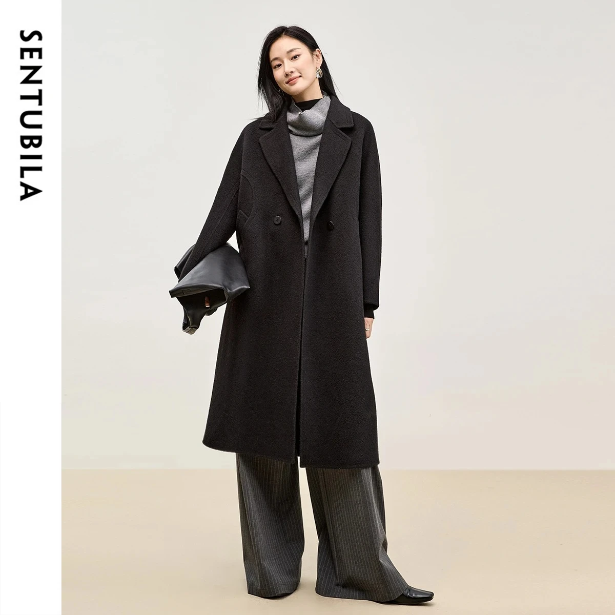 

Женское элегантное шерстяное пальто SENTUBILA черного цвета, двубортное, с отложным воротником, длинное, свободного кроя, повседневное, зимнее, W44O55961