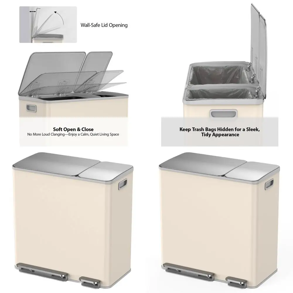 

13+5.5 Gallon Stainless Steel Dual Trash & Recycle Bin with Silent Close Lid and Heavy-Duty Foot Pedal for Large Families, Apric