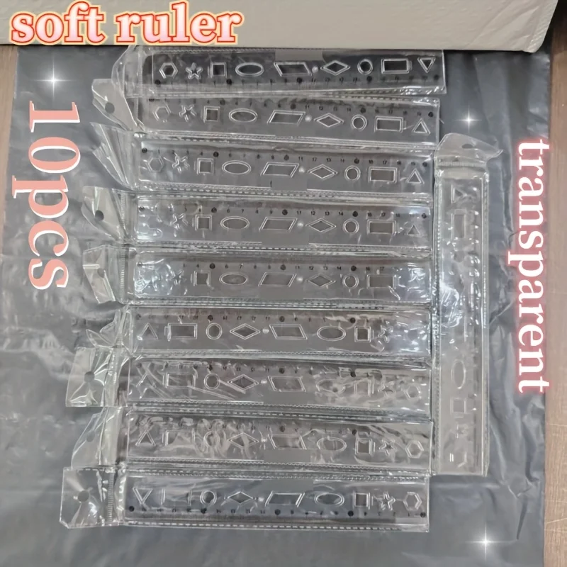 Régua macia de 7,87 polegadas para pintura de formas geométricas, régua de grade com linhas onduladas, não é fácil de quebrar, régua macia transparente colorida