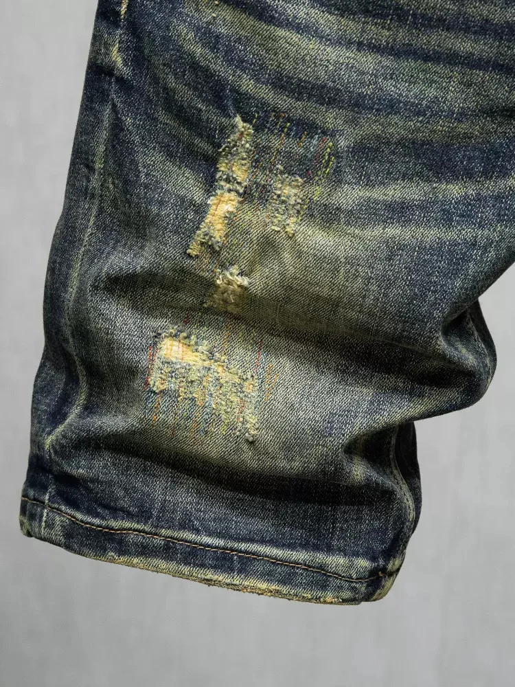 Summer Trendy Fashion Men Jeans High Quality Retro Black Elastic Ripped Short Jeans Patched Vintage Designer Denim Shorts Men