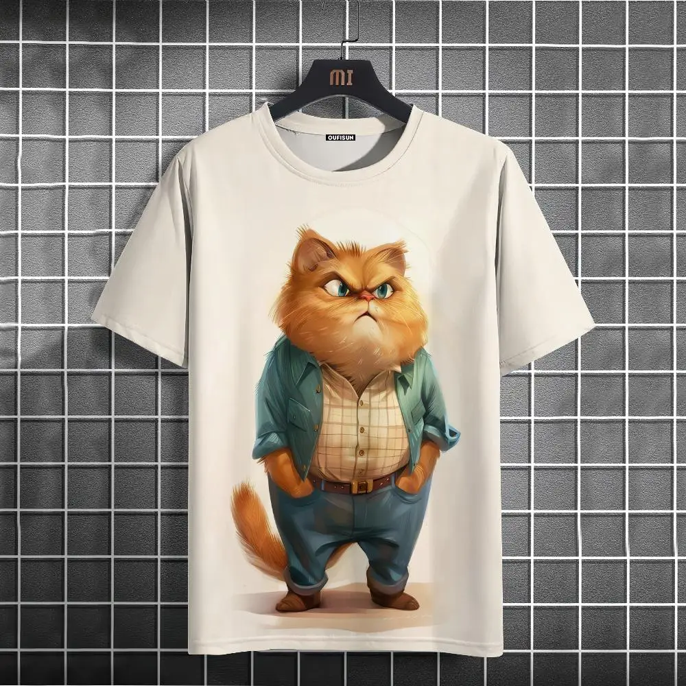 Funny Men's T-Shirt Animal Fat Cat Printed T-Shirts Casual Loose Short Sleeved Tee Oversized Men Clothing Tops Summer Streetwear image 5