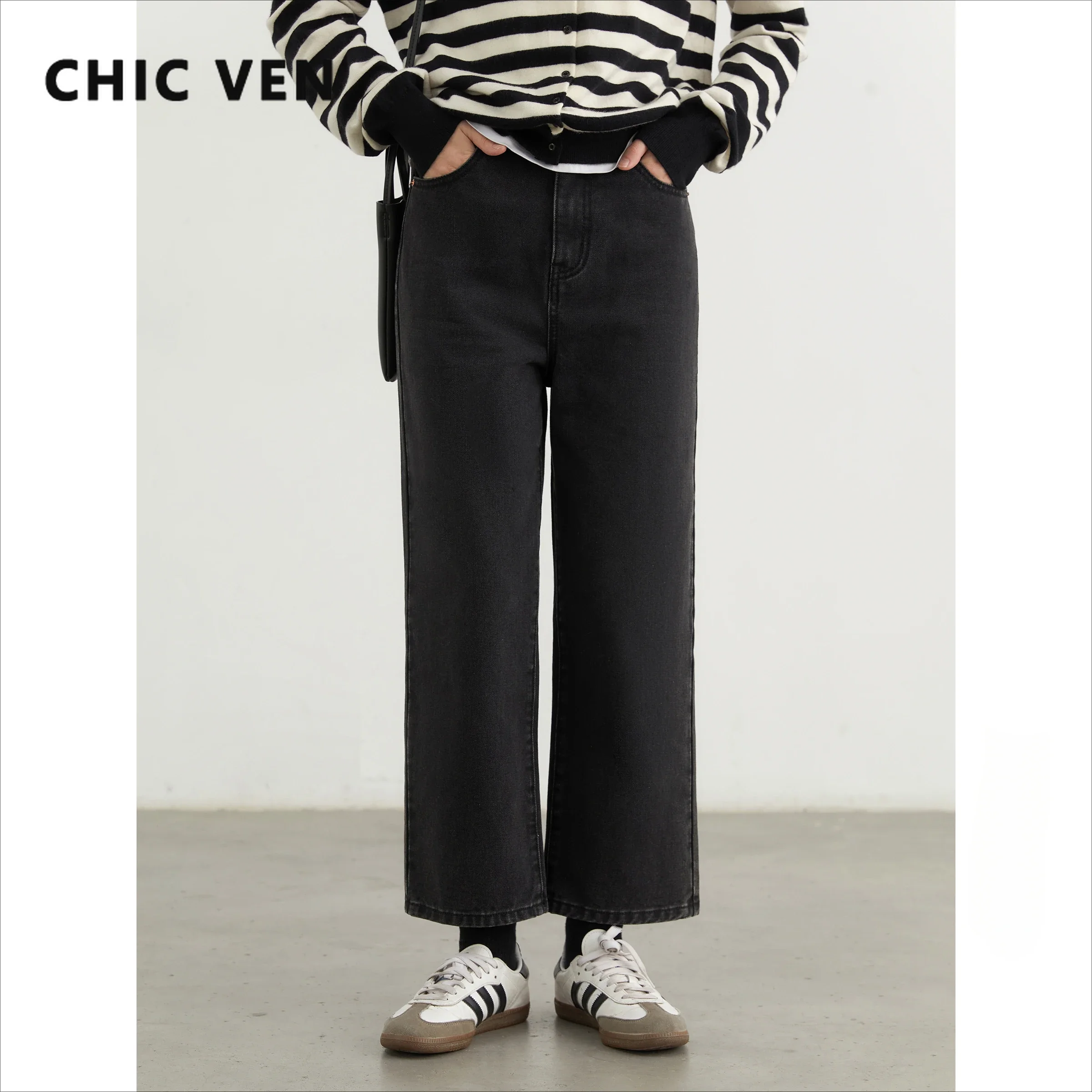 CHIC VEN Women Pant High Waisted Straight Black Cropped Jeans Female Denim Trousers for Woman Spring Autumn 2024