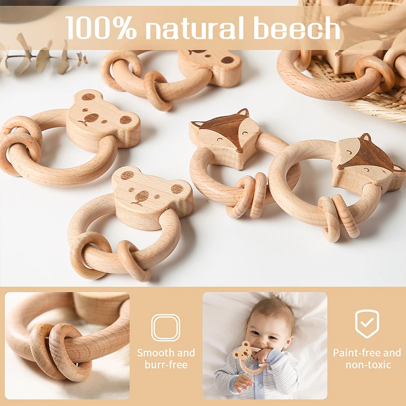 Wooden Toy Rattle Montessori Educational Toys Early Beech Animal  Bear Hand Teething Wooden Ring Baby Rattles for Newborn Baby