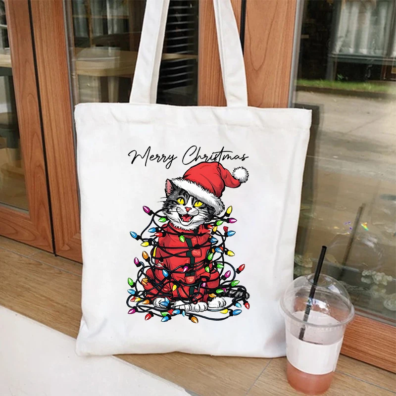 مضحك عيد الميلاد القط الرسم المرأة قماش حقيبة كتف حقيبة عيد الميلاد لطيف القط عاشق مضحك حقيبة تسوق الطلاب حقائب اليد القابلة لإعادة الاستخدام