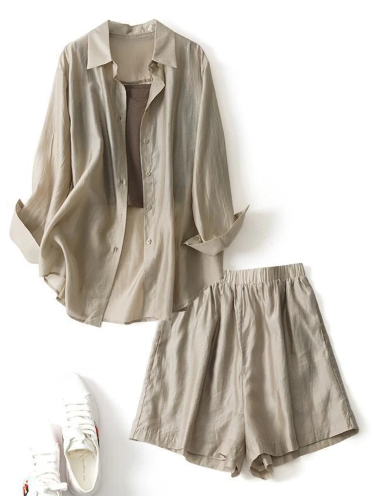 

Summer Ladies Long Sleeve Sun Protection Shirt Tank Top Shorts Three Piece Set Breathable Anti UV Outfit for Women Fashion Set