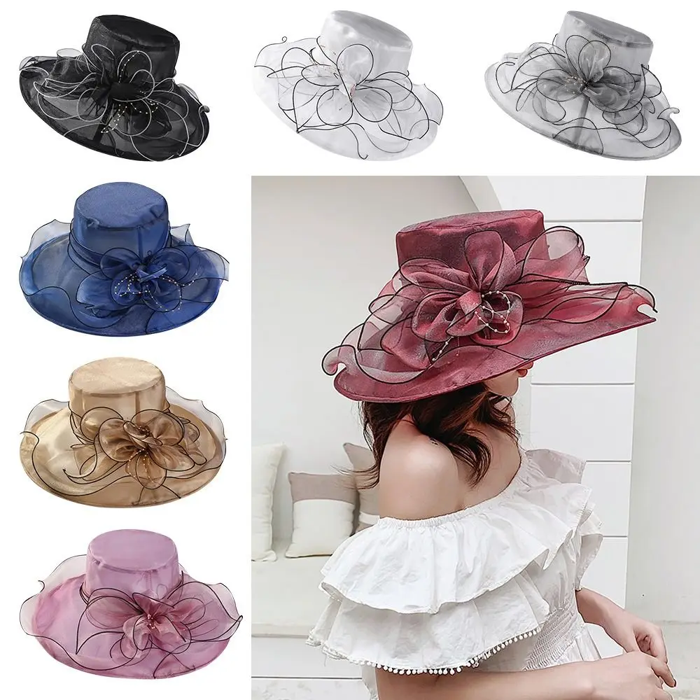 Sombrero de sol de ala ancha de organza floral para mujer Sombrero de sombrilla ligero y transpirable