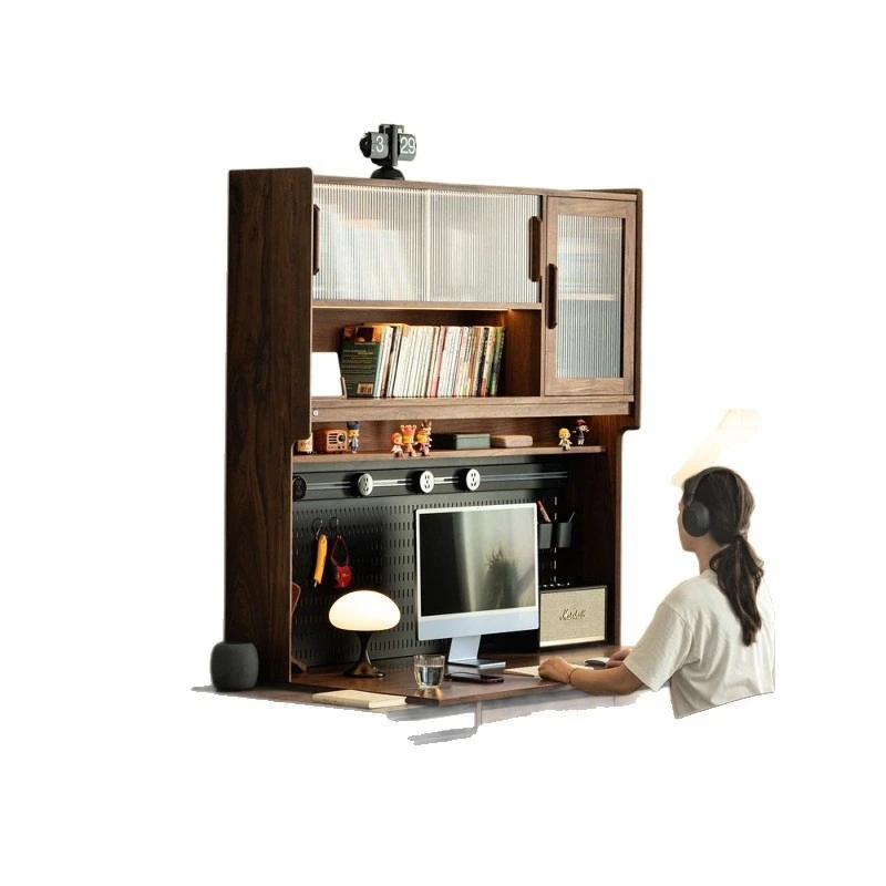 Double desk with bookshelf, locker, solid wood office integrated computer desk