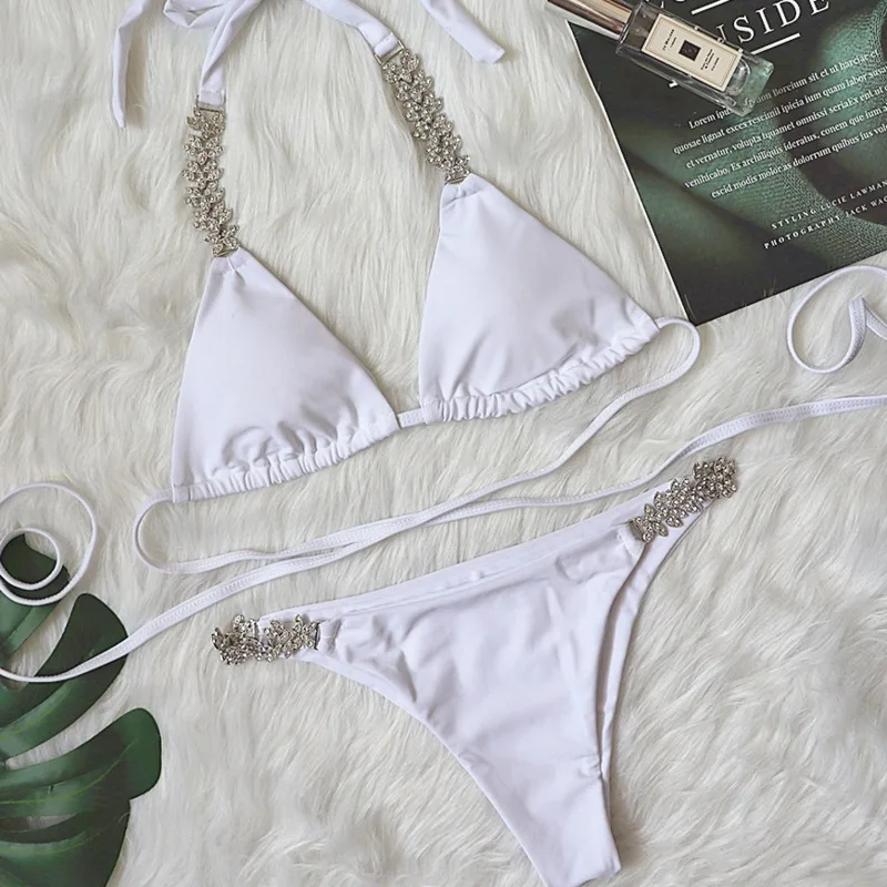 

White Sexy Bikinis Swimsuit With Rhinestones Women Swimwear Female Push Up Bikini Beach Swim Wear Bathing Suit Pool Bather 2025