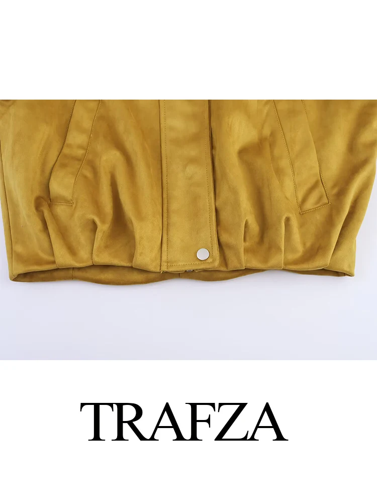 

TRAFZA Women Autumn Fashion Vintage Suede Effect Pilot Short Jacket Female Versatile Zipper Pocket Decoration Long Sleeve Coat