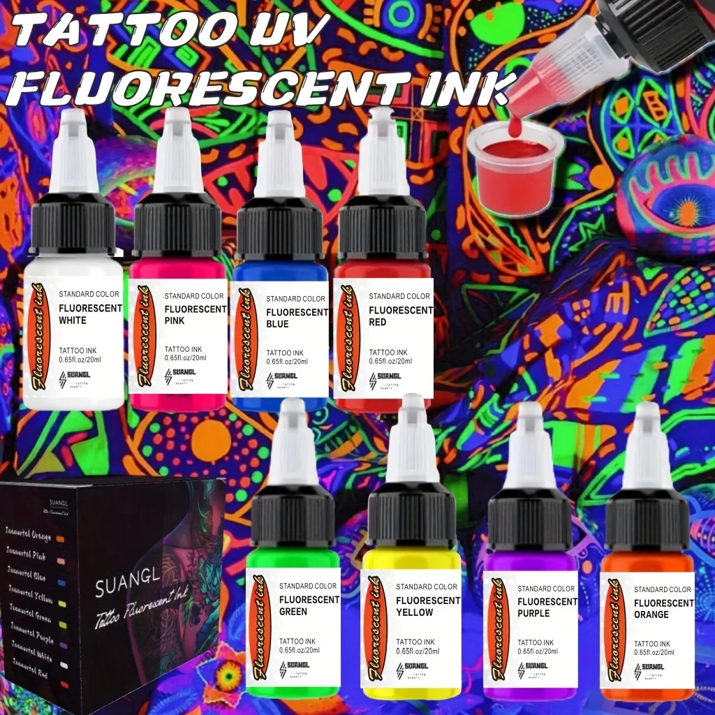 

Набор разноцветных флуоресцентных чернил SUANGL для татуировки, 20 мл/0,65 унций, используется для яркого флуоресцентного эффекта () заряженные чернила для татуировки
