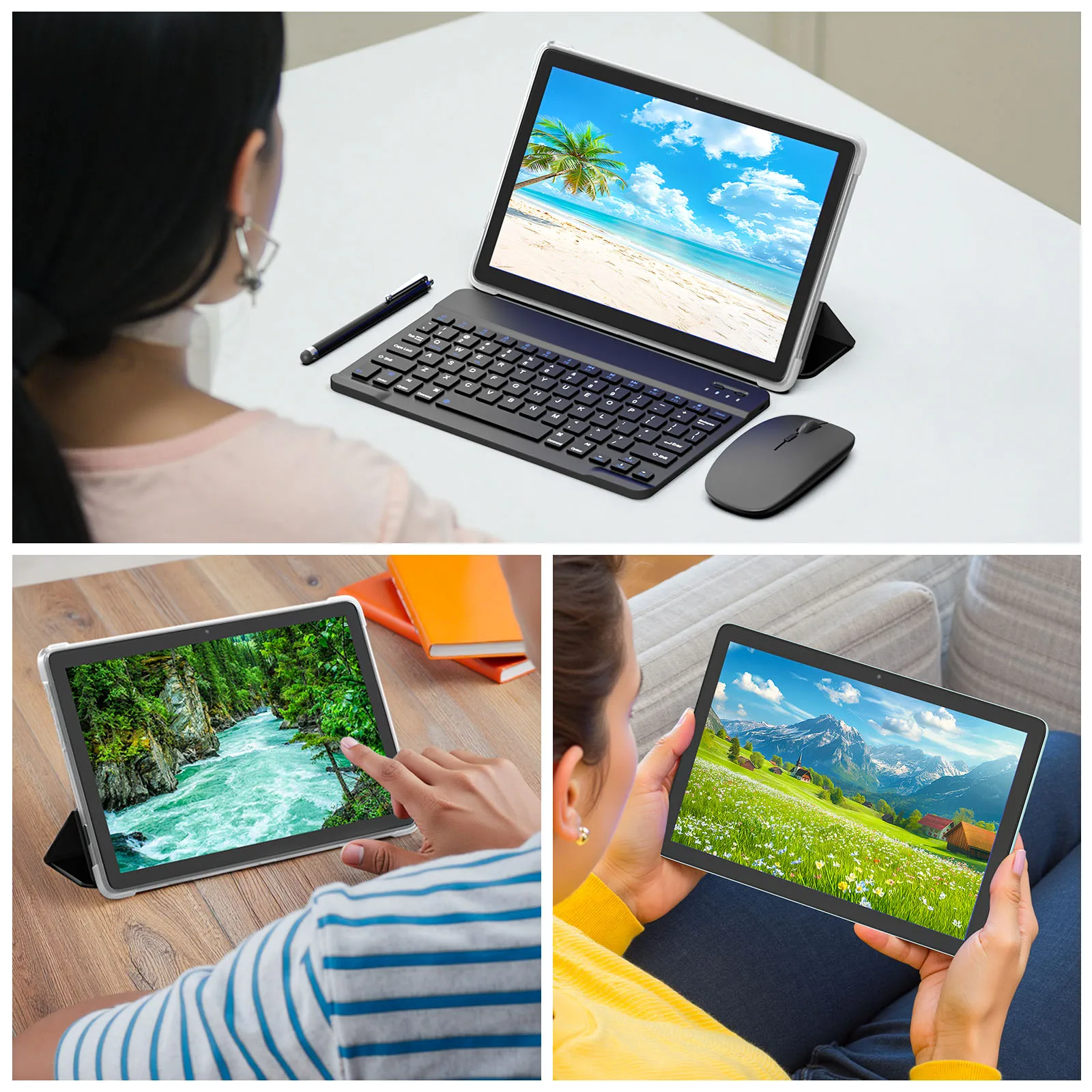 تابلت Android 14 مع لوحة مفاتيح، ماوس، حافظة واقية، قلم، معالج ثماني النواة، 8(4+4) GB+128GB، معتمد من GMS، واي فاي