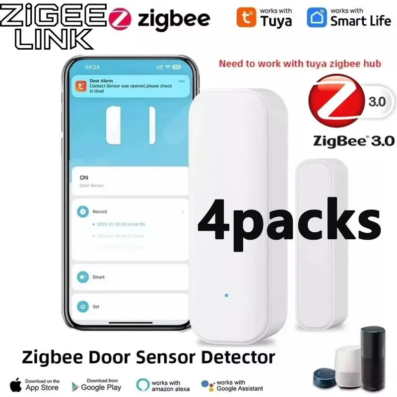 

4pcs Tuya ZigBee Door Window Sensor Smart Home Security System Contact Detector Open/Closed Alarm Voice Control Alexa Google