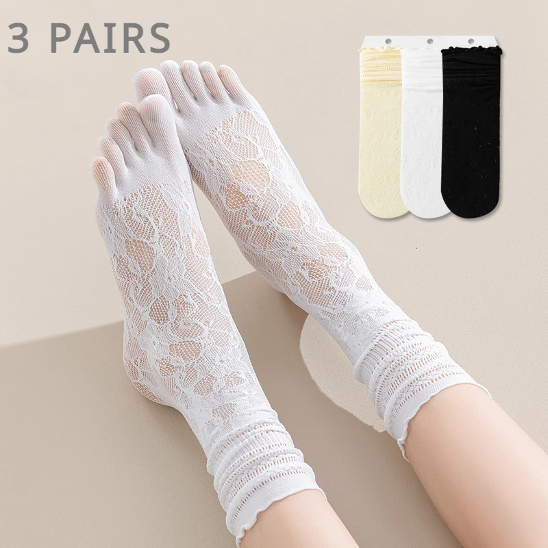 

Five Finger Socks High Tube Cotton Socks With With Separate Fingers 3 Pairs Lace Toe Socks Women Summer Hollow Out Mesh